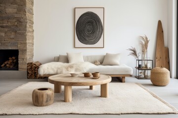 Warm and cozy living room interior with copy space, stylish beige sofa, pillow, coffee table and personal accessories. Home decor. Template