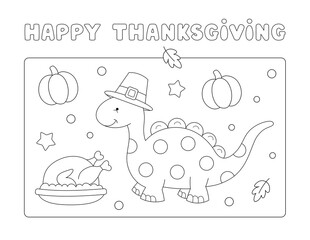 black and white cute thanksgiving coloring page, fun dinosaur with pilgrim hat. you can print it on 8.5x11 inch paper. Exclusive on Adobe Stock.