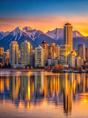 Naklejka premium Cityscape at sunset with mountains and water