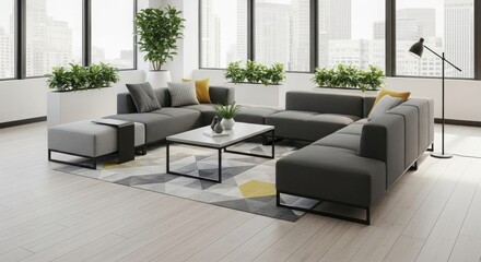 Modern office lounge with gray sofa, plants and panoramic city view.