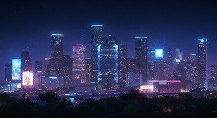Obraz premium Nighttime urban skyline with illuminated buildings against a dark blue sky