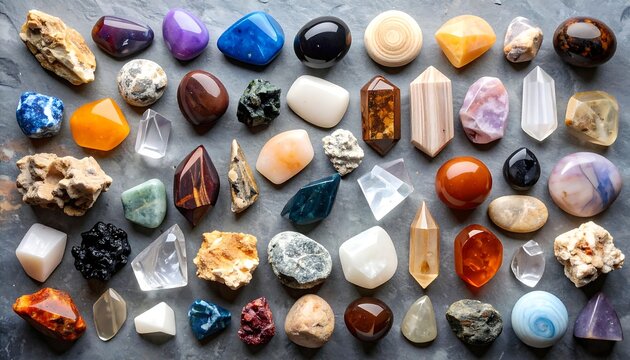 Colorful polished and rough gems on gray stone