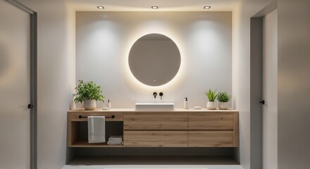 Modern minimalist bathroom with round mirror and wooden vanity