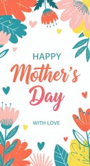Trendy Mother's Day Card: Banner, Poster, Flyer, Label, Cover with Flowers Frame, Abstract Floral Pattern in Mid-Century Art Style, Spring Summer Bright Design Template.