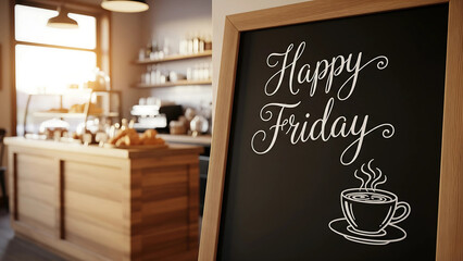 Happy Friday Café Chalkboard with Coffee Cup Illustration