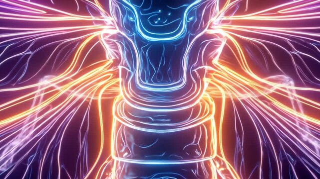Glowing neon dragonfly illustration with intricate details and vibrant colors