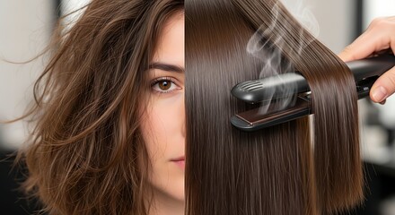 Fototapeta premium Split image showing frizzy hair being straightened with a steam flat iron