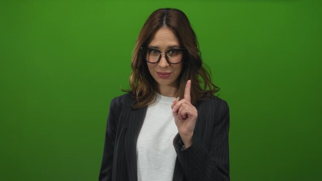 Woman gestures disagreement with finger on green background, showcasing young hispanic female in glasses and black jacket emphasizing refusal and self-aware expression.