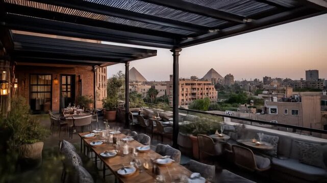 A rooftop restaurant in Cairo, offering an elegant dining experience with a city view.
