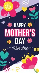 Naklejka premium Trendy Mother's Day Card: Banner, Poster, Flyer, Label, Cover with Flowers Frame, Abstract Floral Pattern in Mid-Century Art Style, Spring Summer Bright Design Template.