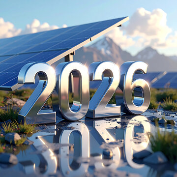 Solar panels in 2026 with mountain background and reflection.