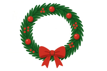 Christmas wreath decorating door or wall, festive holiday season plant, hanging ornament with red bow and berries