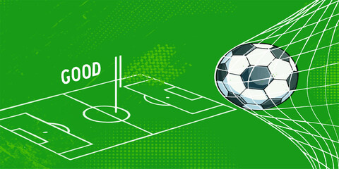 Naklejka premium A green grass field in a stadium with a white and black soccer ball ready for the game