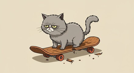 Cartoon cat on skateboard illustration with humorous expression and playful design