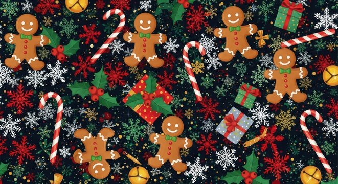 Festive holiday pattern with gingerbread cookies and snowflakes