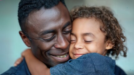 An affectionate moment between a father and his child. They are embracing each other tightly, with closed eyes. This portrays a tender scene of love, warmth and happiness