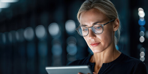 Smart woman is working with a tablet. A professional woman, engrossed in her work, utilizes a tablet