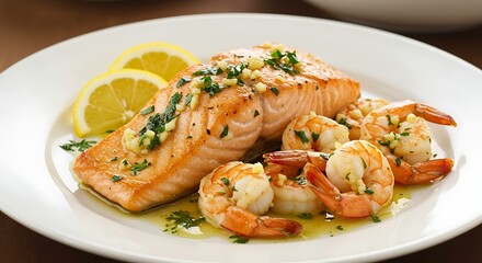 Delicious grilled salmon and shrimp dish with lemon garnish overhead view