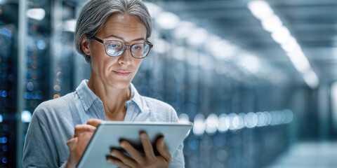 A focused technician manages a server room with a digital tablet