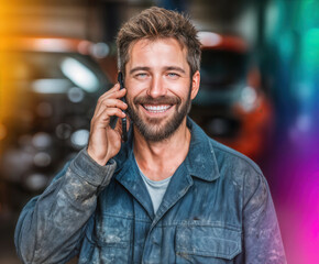 A mechanic confidently talks on his phone with a big smile, demonstrating professionalism in a garage setting.