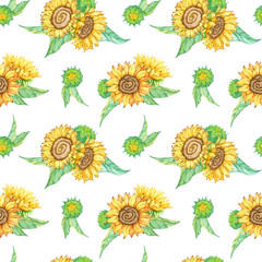 Seamless pattern background. Endless backdrop template. Sunflower flower head, leaves, blooming plant. Hand drawn watercolor illustration. Summer and autumn botanical art. Wrapping, textile, fabric