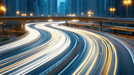 Busy highway interchange with streaks of light trails creating dynamic urban scene