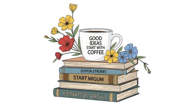 Creative illustration: 'Good Ideas Start with Coffee' mug atop a stack of books, adorned with vibrant red, yellow, and blue flowers, symbolizing inspiration and intellectual pursuits.