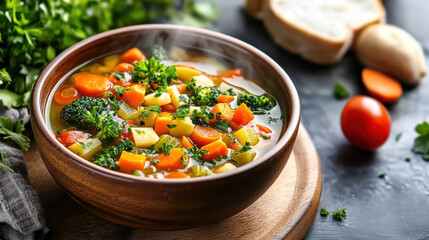 Warm vegetable soup with colorful carrots, broccoli, and herbs in wooden bowl
