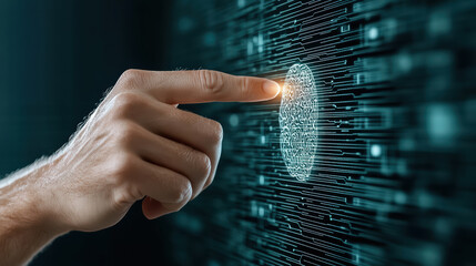 Hand touching glowing fingerprint on digital interface, symbolizing technology and security