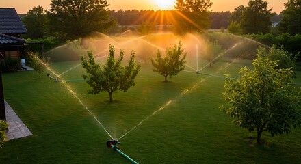 Lawn watering system spraying water on a green lawn under sunset