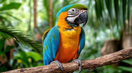 Obraz premium Colorful parrot perched branch surrounded by lush greenery, showcasing vibrant feathers
