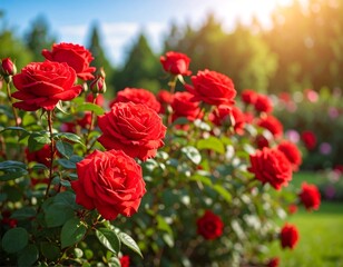 Fototapeta premium Lush red roses in a garden on a sunny day