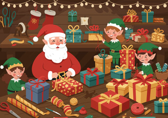Santas Workshop Elves and Santa Preparing Christmas Gifts.