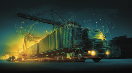 Smart Innovation connection cyber security Container truck in ship port for business Logistics transportation of Container Cargo ship Cargo plane with working crane bridge in shipyard at Twilight