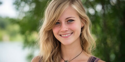 Smiling Young Woman with Long Hair Against a Natural Background