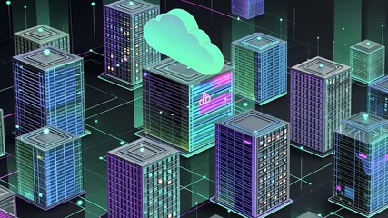 Futuristic cityscape with glowing buildings and cloud computing symbols, showcasing digital connectivity - Powered by Adobe