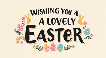 Obraz premium Happy Easter: Trendy Design with Typography, Hand-Drawn Spring Flowers Pattern, Modern Art Style, Horizontal Poster, Greeting Card, Website Banner.