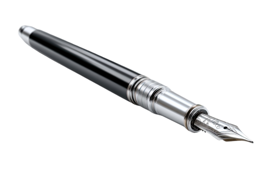 Sleek black fountain pen, silver accents, angled view