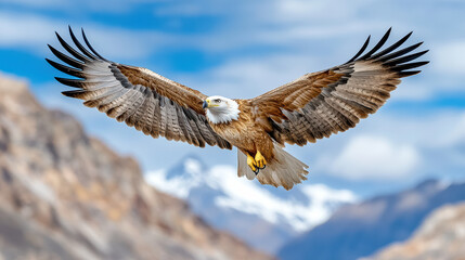 Fototapeta premium Majestic eagle soaring above mountain peaks with wings fully extended, showcasing its power