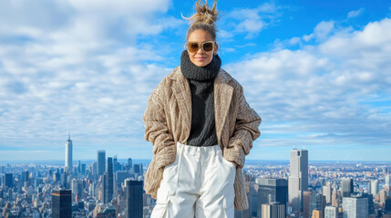 Naklejka premium Stylish woman in layered outfits against city skyline, exuding confidence and elegance