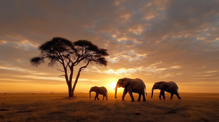 Obraz premium Majestic elephants walking across savanna at sunset, silhouetted against vibrant sky