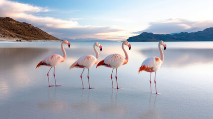 Obraz premium Flamingos standing in shallow water at sunset, creating serene and beautiful scene