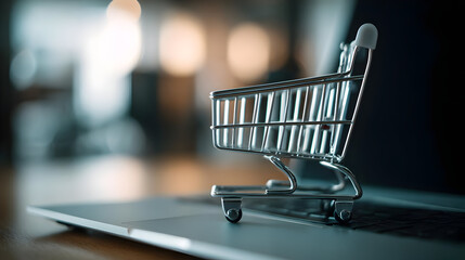A miniature shopping cart placed on a laptop, symbolizing online shopping and retail.