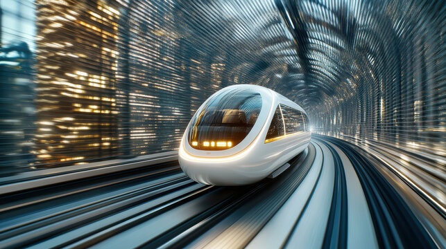 Futuristic hyperloop pod racing through transparent tunnel, showcasing advanced technology