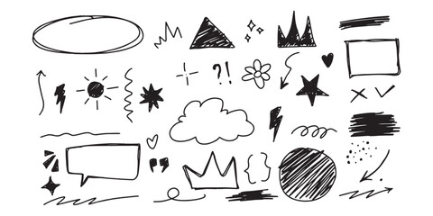 Collection of various hand-drawn doodle elements, including shapes, symbols, and decorative designs.