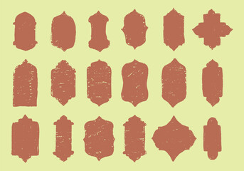 Collection of vintage label shapes in brown on a yellow background.