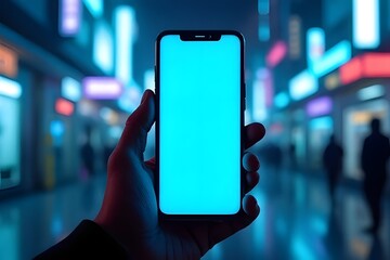 Smartphone mockup with blank blue screen in neon city night background