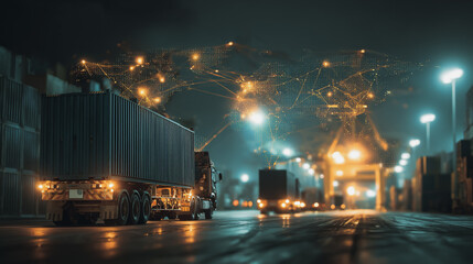 Smart Innovation connection cyber security Container truck in ship port for business Logistics transportation of Container Cargo ship Cargo plane with working crane bridge in shipyard at Twilight