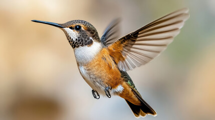 Fototapeta premium Hummingbird hovering mid air, wings spread, vibrant colors, sipping nectar from flower