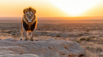 Majestic lion standing proudly on rocky outcrop at golden sunrise, exuding strength and grace
